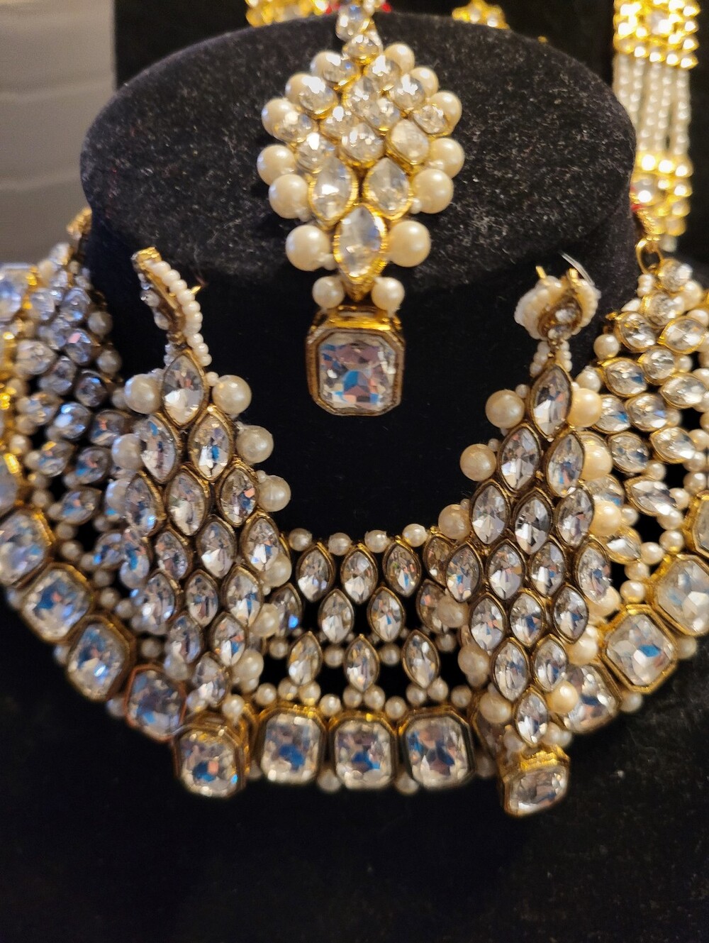 Gold Pearl and Crystal Statement Necklace Set